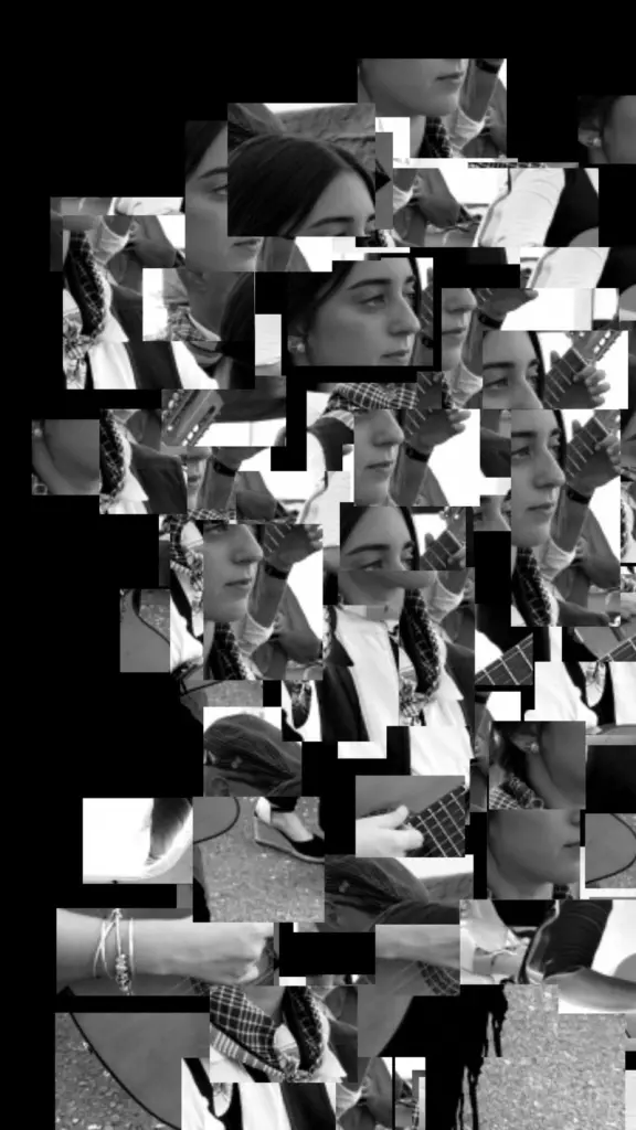 Fragmented black-and-white portrait of a young woman playing guitar